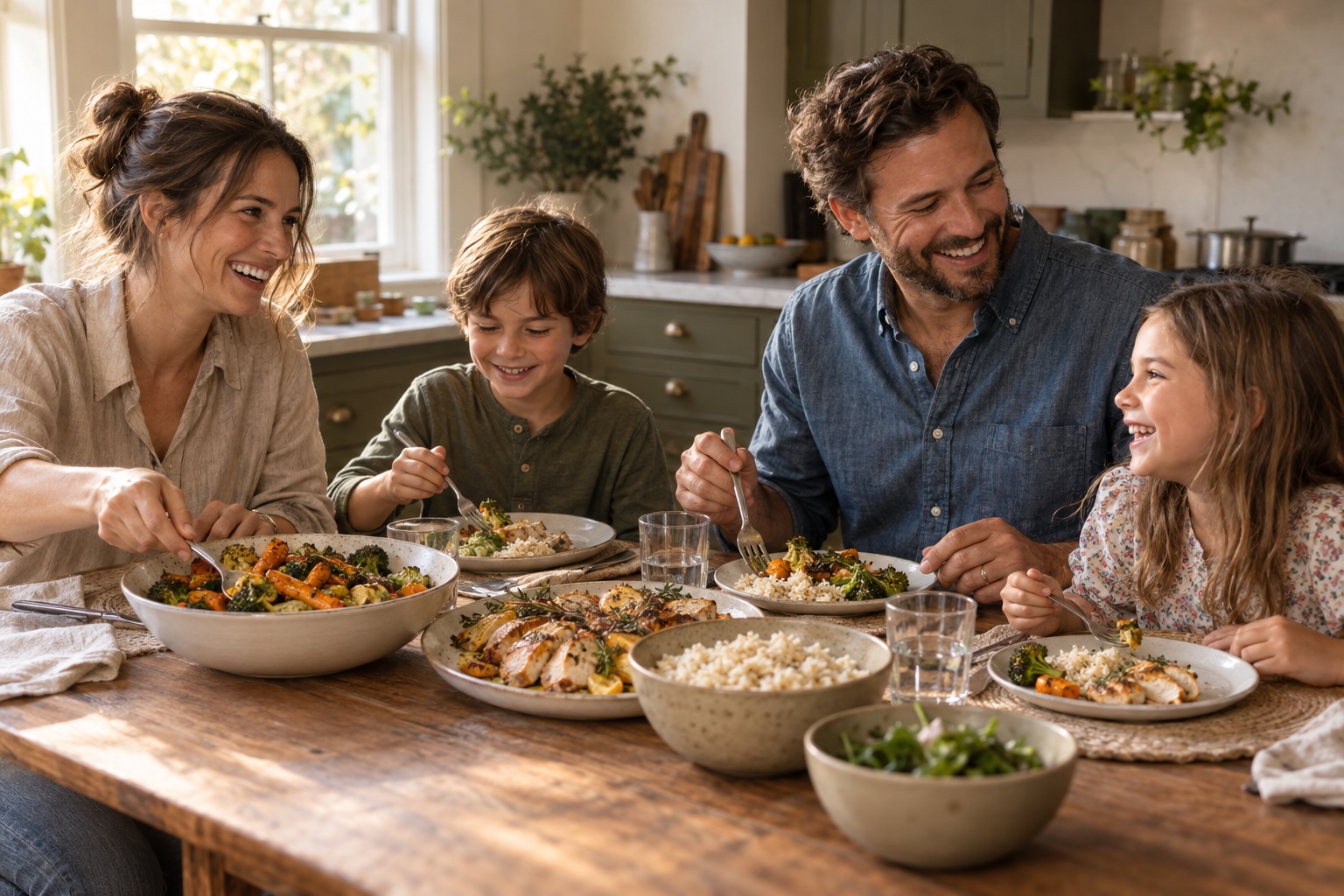 A happy family sharing a simple dinner together