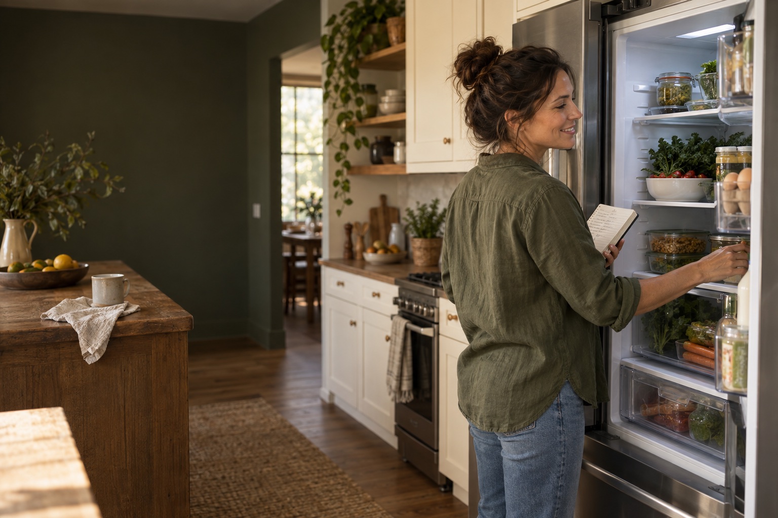 A happy mom checking ingredients in her refrigerator